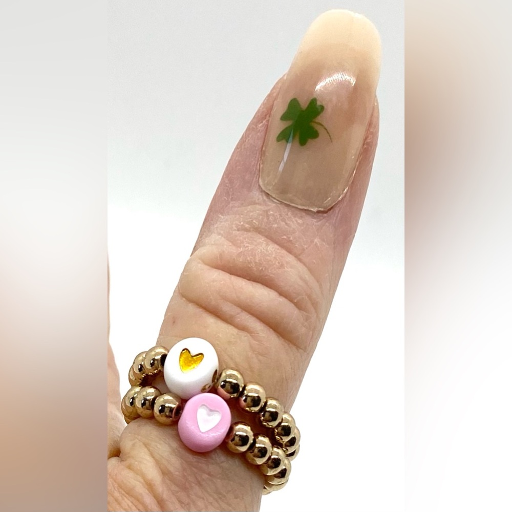 Pink White Heart Gold Beaded Rings Boho Y2K Preppy Feminine Cottagecore Summer - Picture 8 of 10